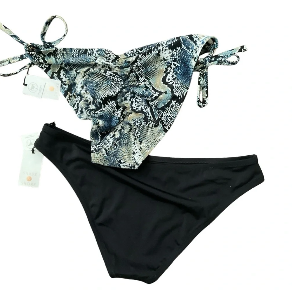 Shade&Shore Swimwear Black Blue Bikini Bottom Tie Cheeky High Leg Lot of 2 SZ Lg